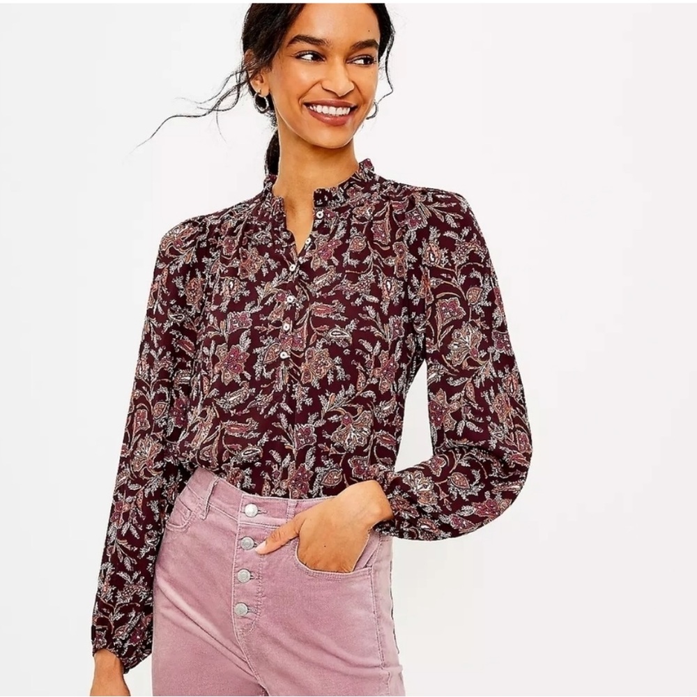 Loft Woman’s Floral Blouse,Ruffle Neck, Long Sleeve,Brown Purple Color, Size PL